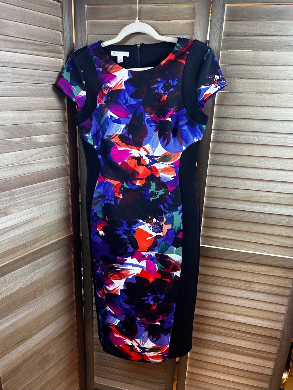 Connected Apparel Size 8 Floral Colorblock Sheath Dress Black Multicolor Midi